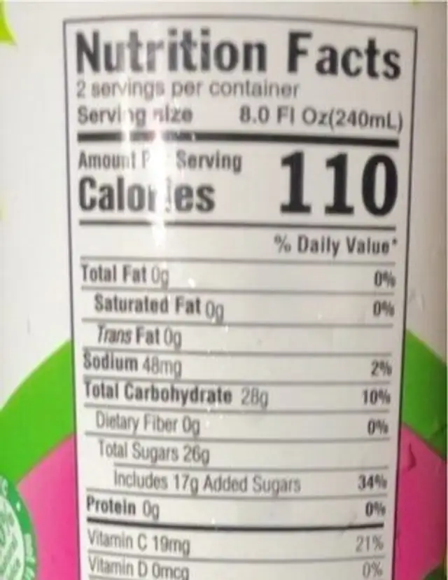 Pink Guava Juice Drink nutrition facts table