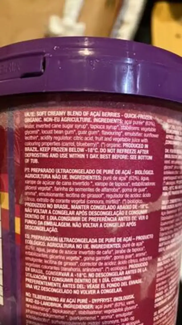 Frozen Scoopable Açaí ingredients label