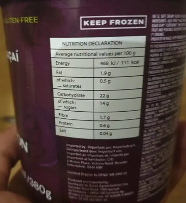 Frozen Scoopable Açaí nutrition facts table
