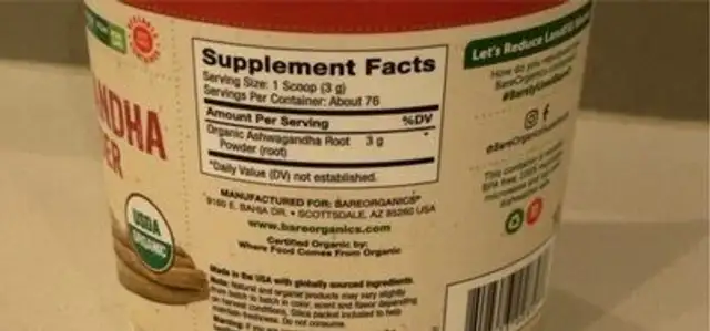 Aswagandha root powder nutrition facts table