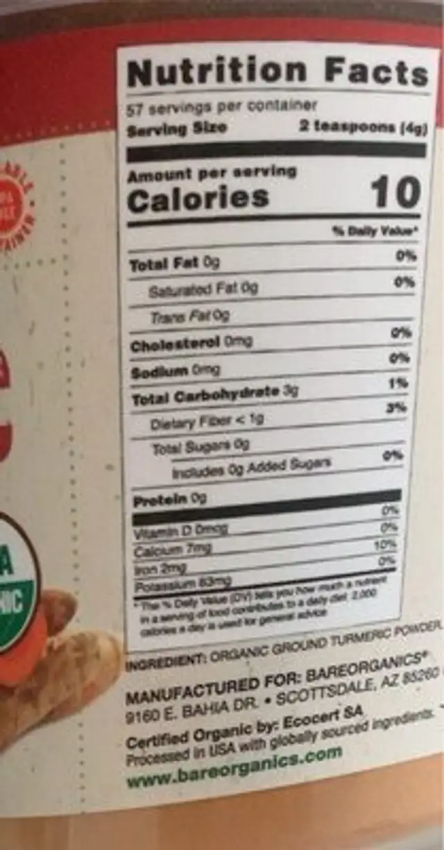 Turmeric root powder nutrition facts table