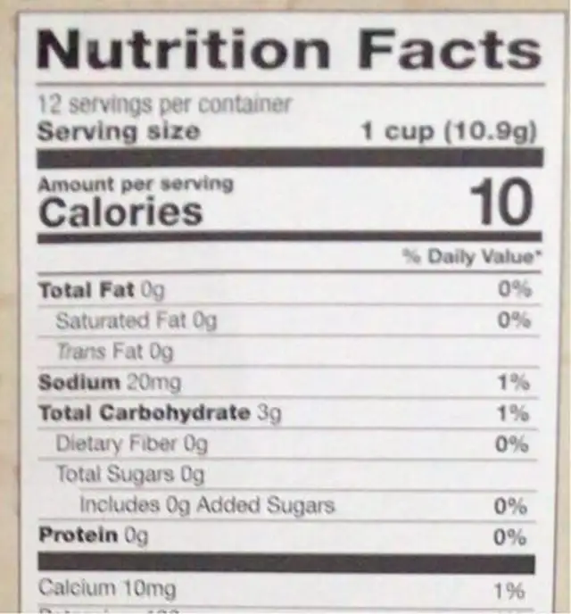 Coffee nutrition facts table