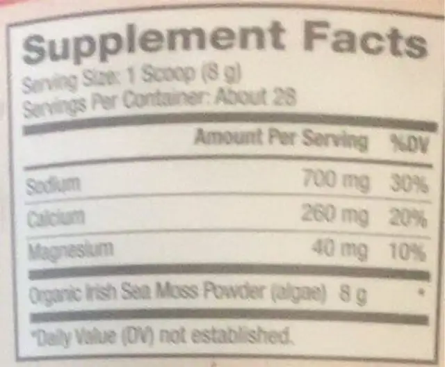 Irish sea moss powder nutrition facts table