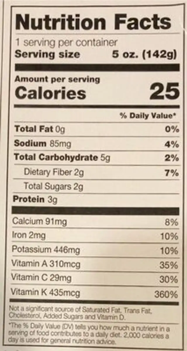 Organic Spring Mix nutrition facts table