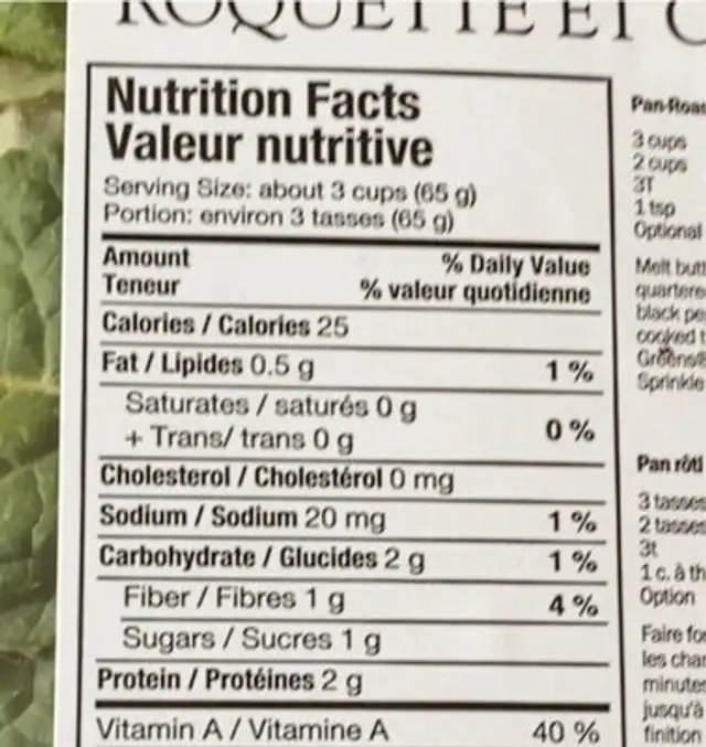 Roquette et chou frisé nutrition facts table
