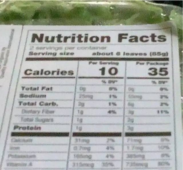 Greens organic green leaf nutrition facts table