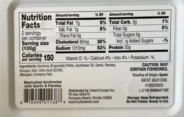 Anchovies with garlic nutrition facts table