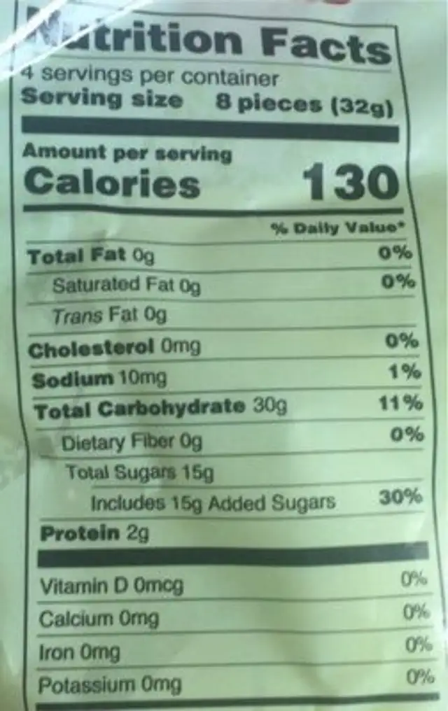 Banana Gummies nutrition facts table