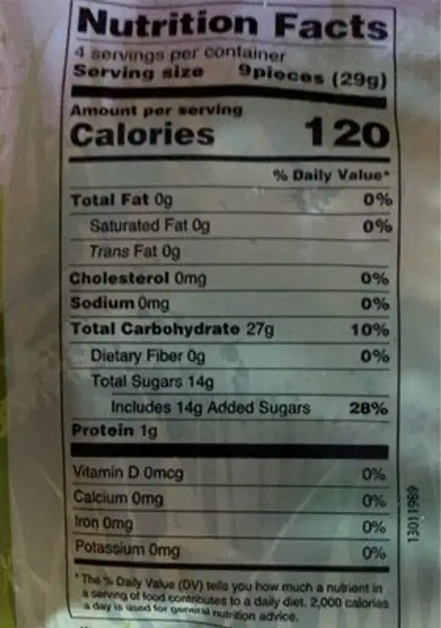 Neon Worms nutrition facts table
