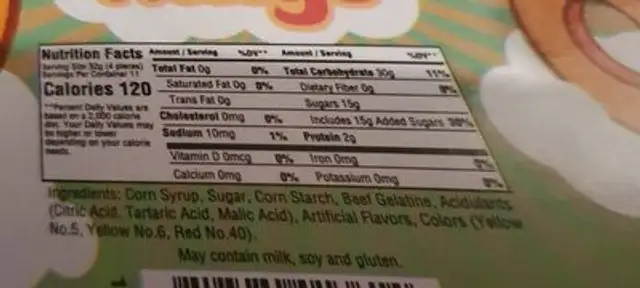 Peach Rings nutrition facts table