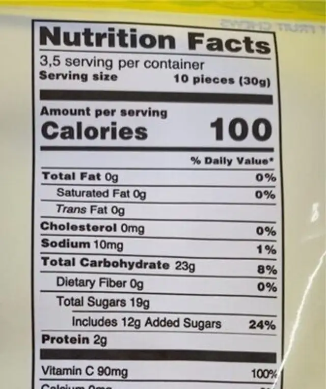 Sunkist nutrition facts table