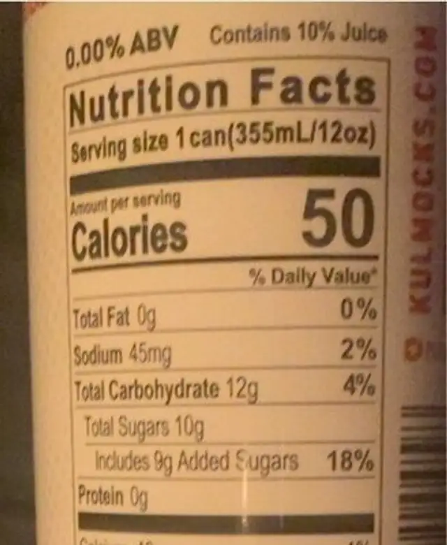 Non-Alcoholic Craft Mocktails nutrition facts table