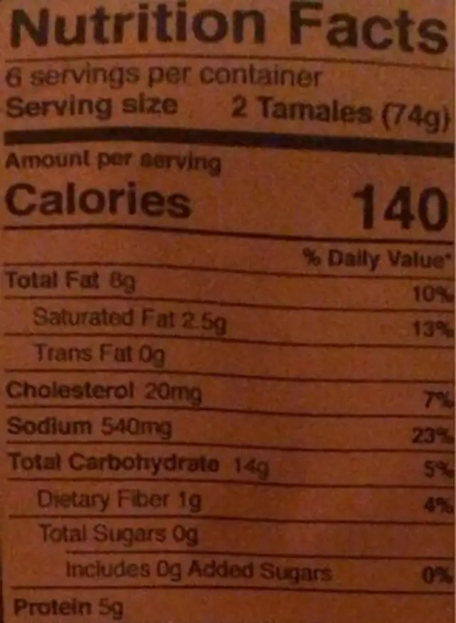 Taqueria Tamales nutrition facts table