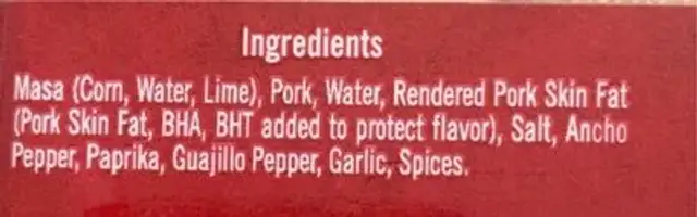 Pork Tamales nutrition facts table