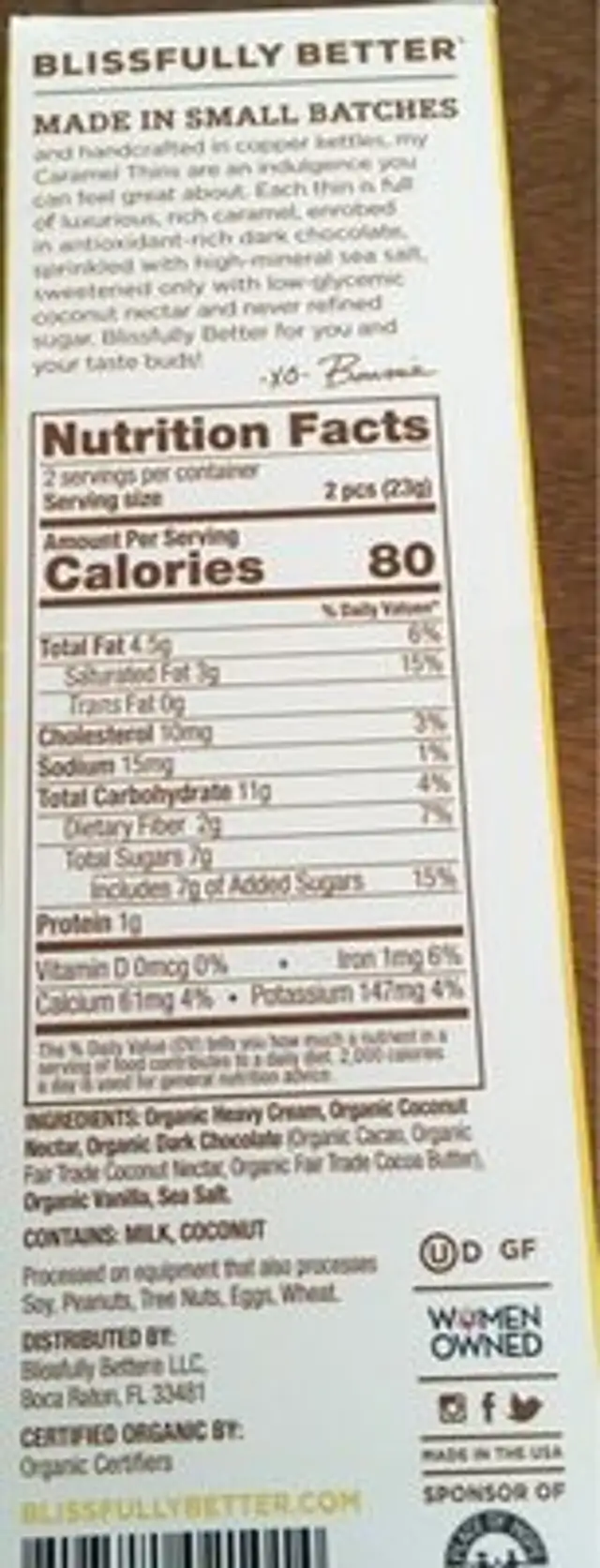 Caramel Thins nutrition facts table