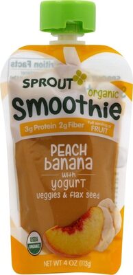 Organic peach banana with yogurt veggies & flax seed smoothie front packaging