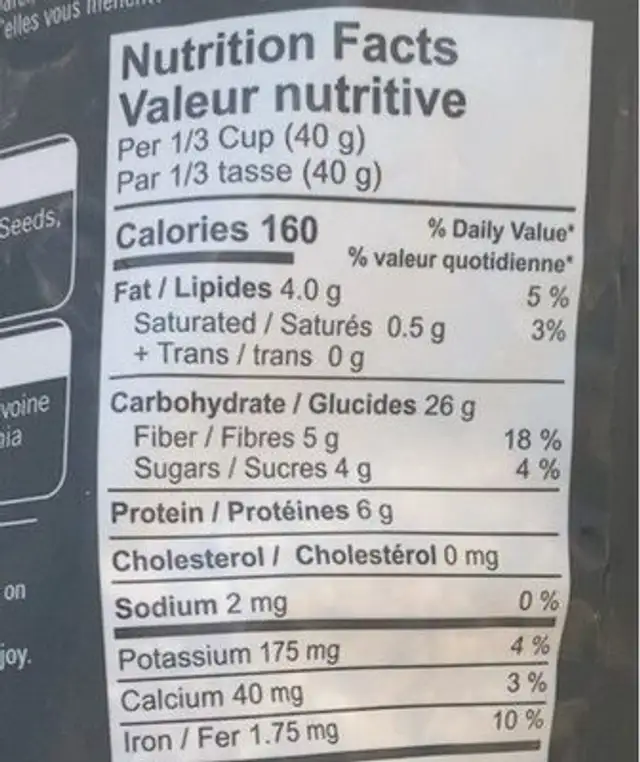 Mountain Maple Oats nutrition facts table