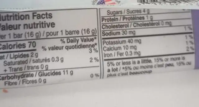 Skinny Rice Bar nutrition facts table
