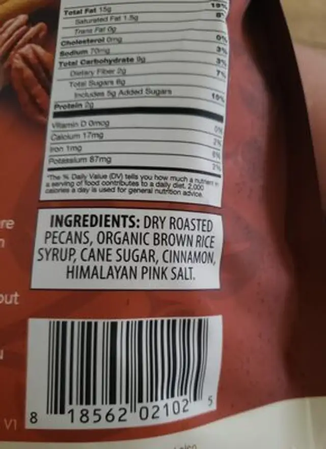 Sweet cinnamon pecan ingredients label