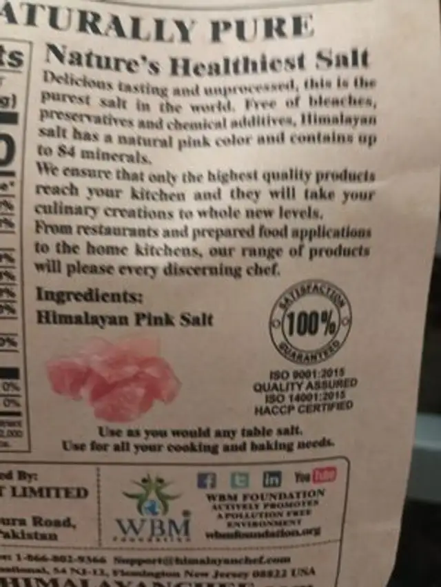 Himalayan Pink salt ingredients label