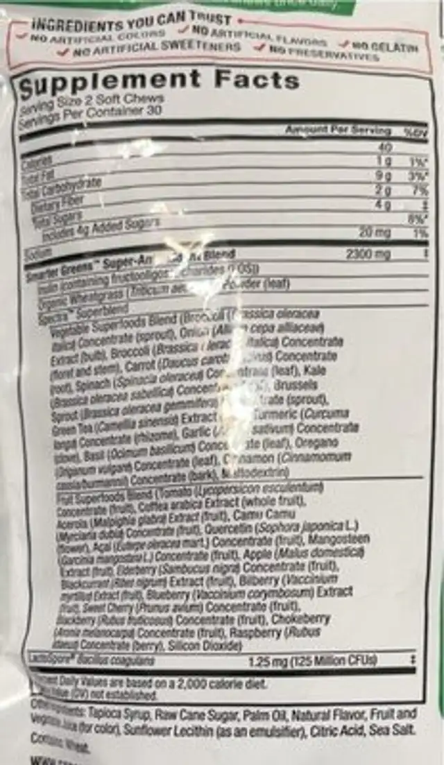 Smarter Greens nutrition facts table