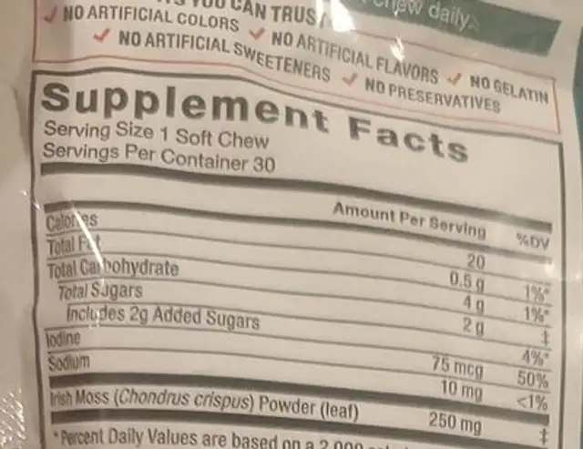 Sea Moss nutrition facts table
