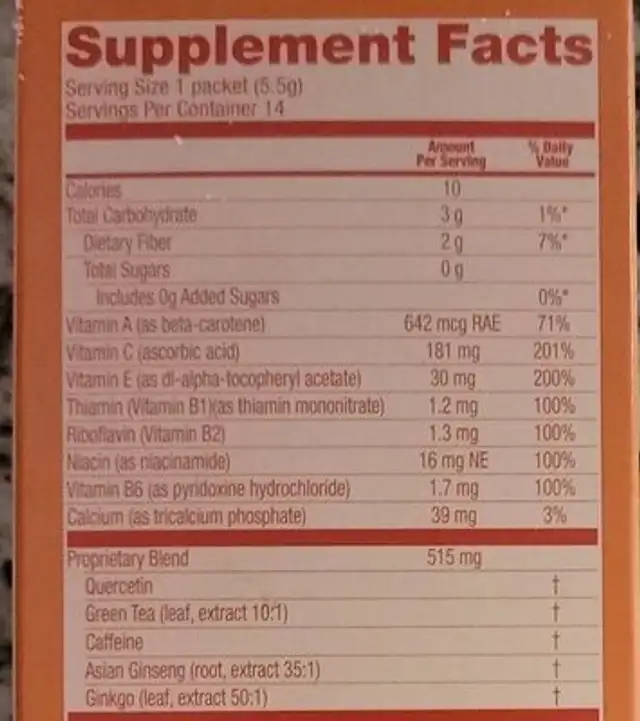 Energy Thermogenic Antioxidant Natural Orange nutrition facts table