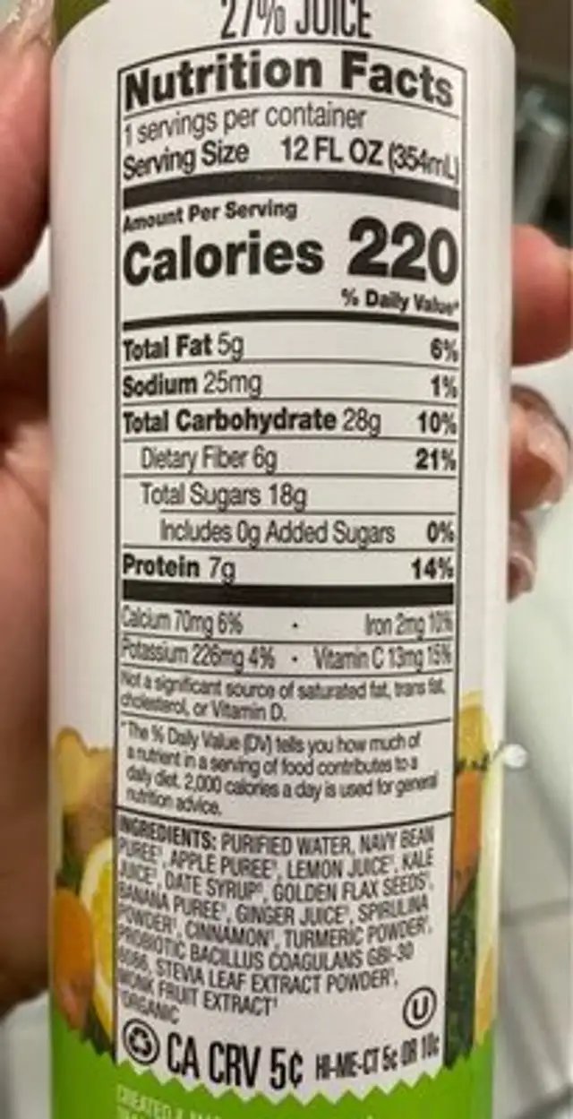 Wholesome fruit veggie smoothie nutrition facts table