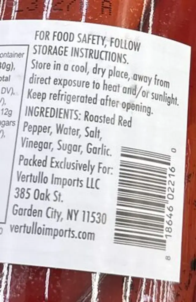 Marinated Fire Roasted Red Peppers ingredients label