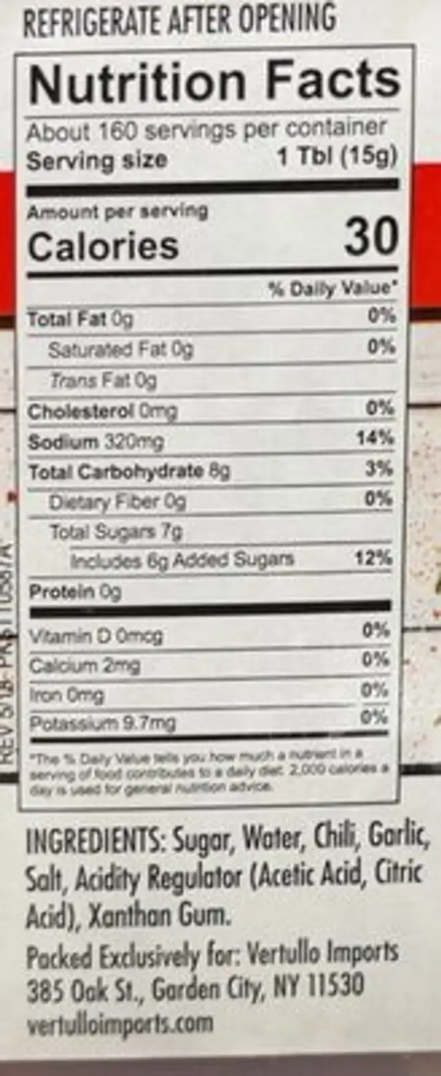Spicy Sweet Chili Sauce - Thai Style nutrition facts table