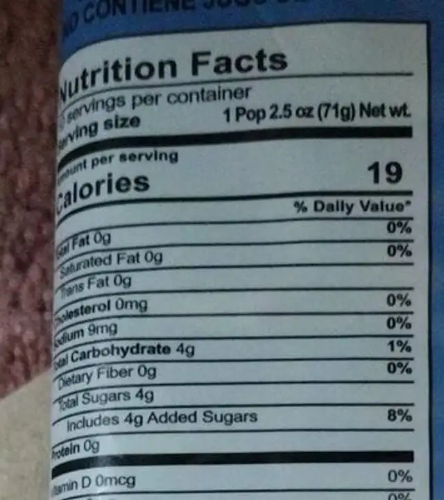 Ice pop nutrition facts table