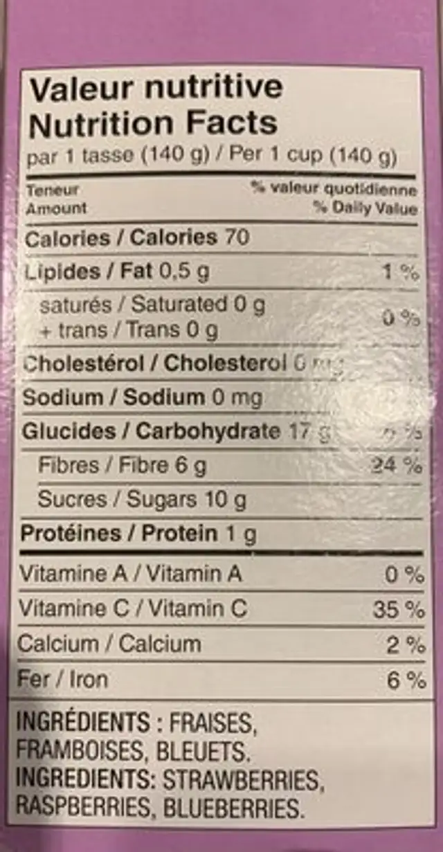 Trio de petits fruits nutrition facts table