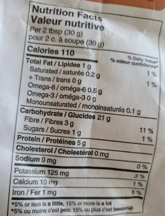 Durum White Whole Wheat Atta nutrition facts table