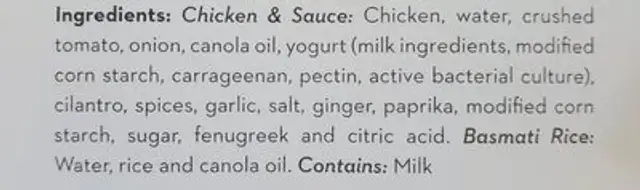 chef bombay ingredients label
