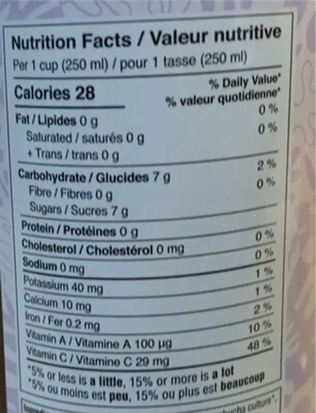 Lychee & jasmine kombucha nutrition facts table