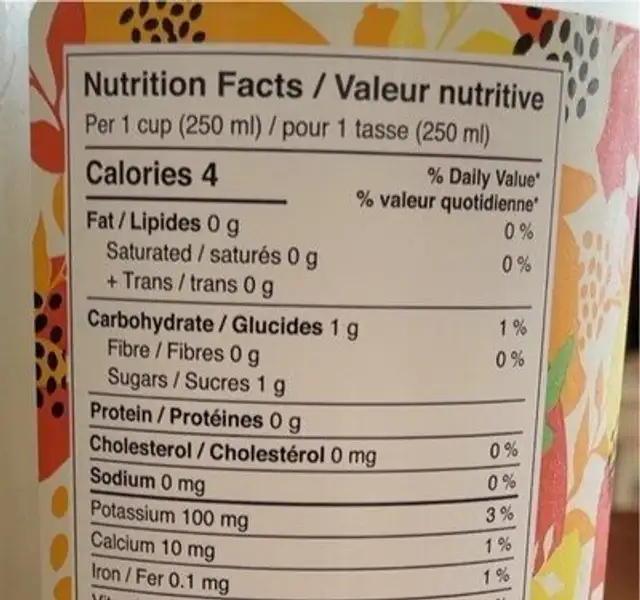 Kombucha nutrition facts table