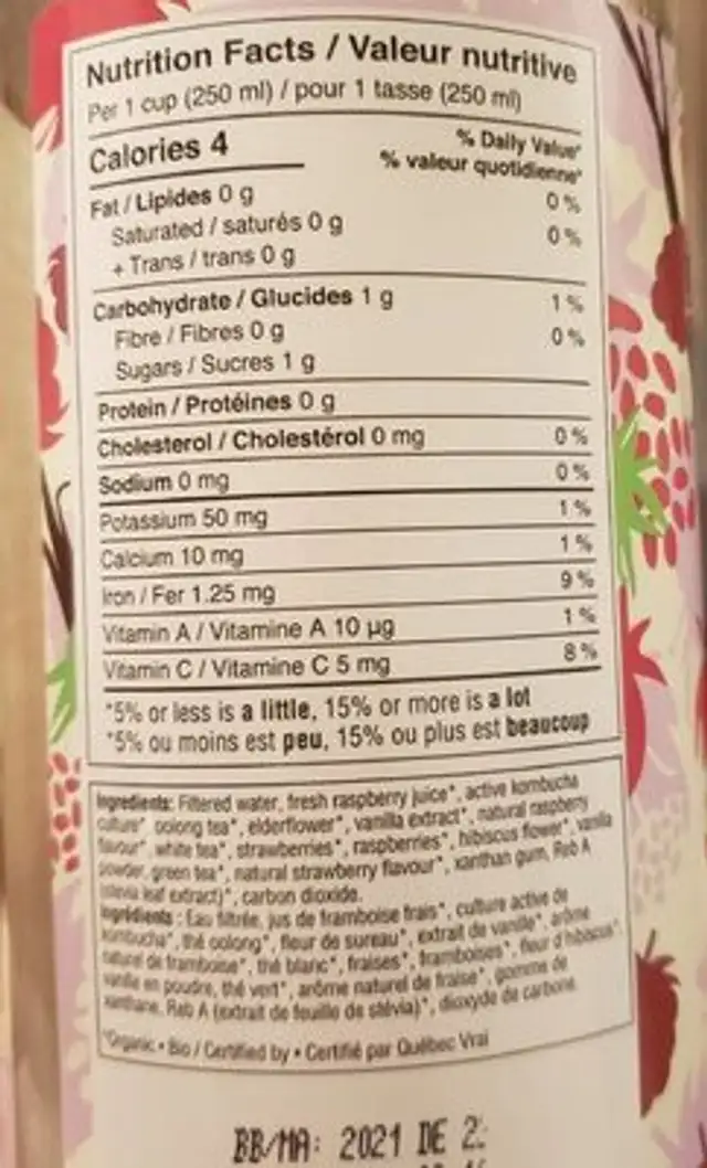 Kombucha nutrition facts table
