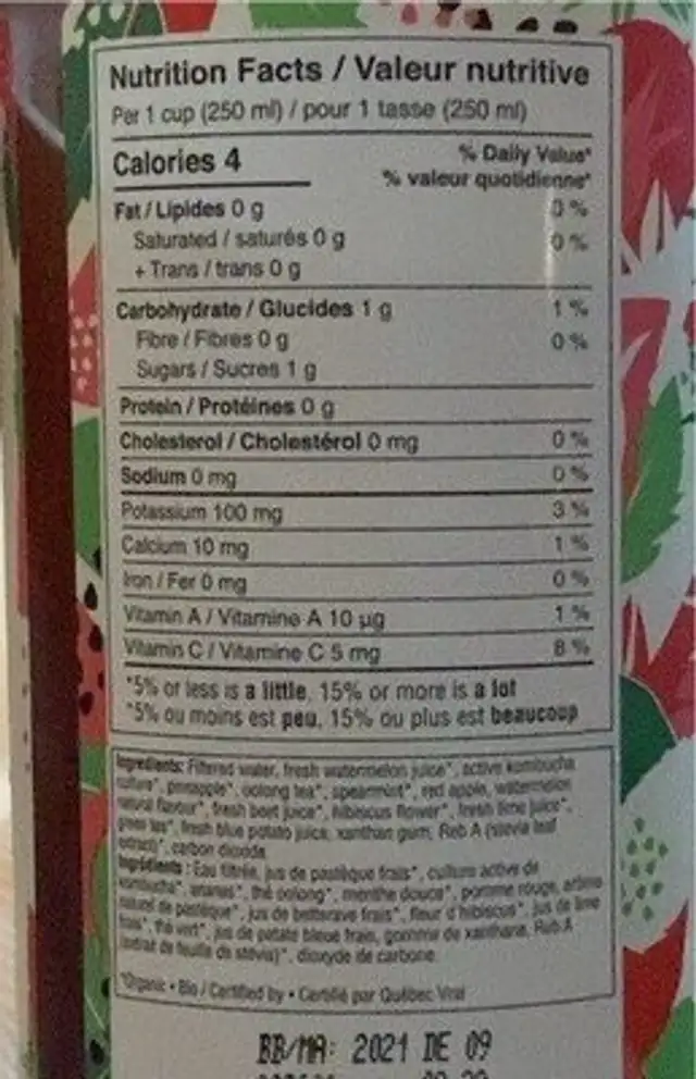 Kombucha nutrition facts table