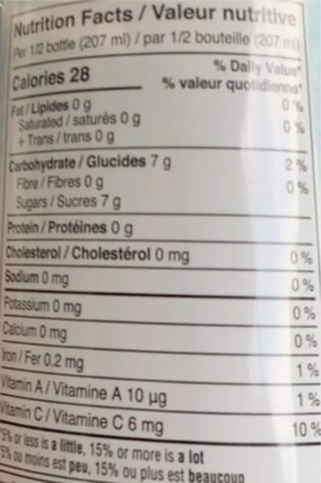 Kombucha peche et mangue nutrition facts table
