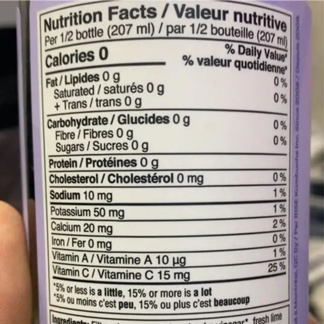 Relax nutrition facts table