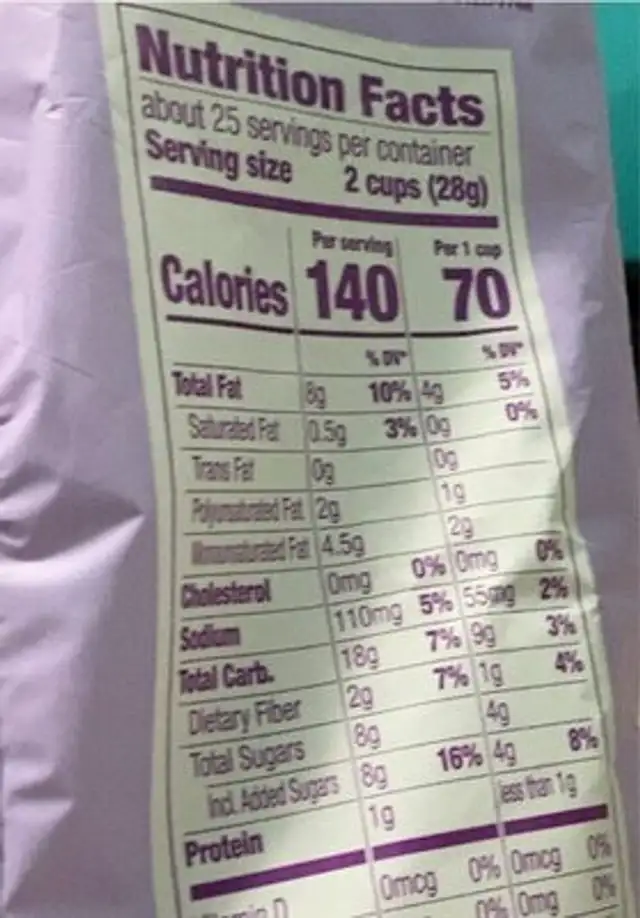 Boom Chicka Pop nutrition facts table