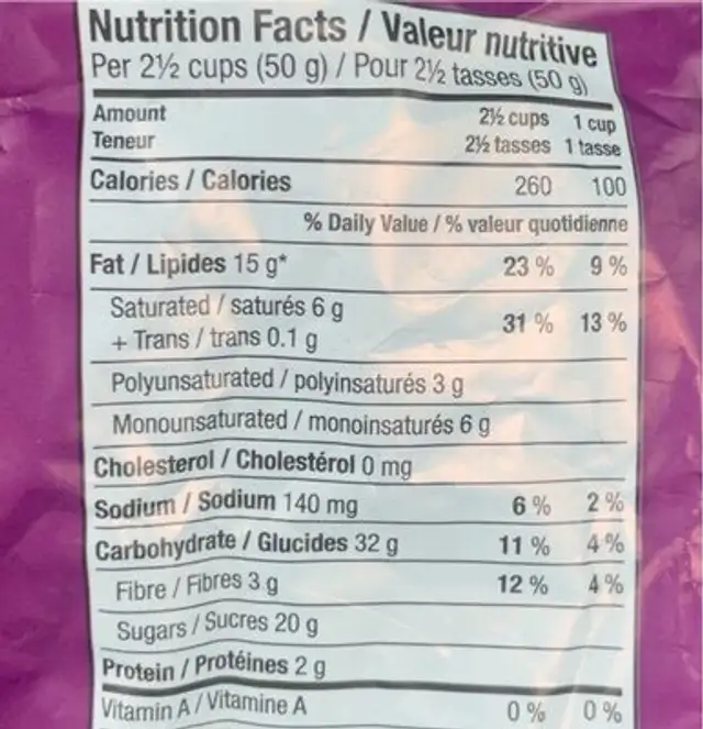 Boom Chicka Pop nutrition facts table