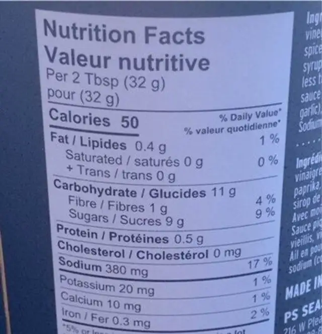 Carolina gold nutrition facts table