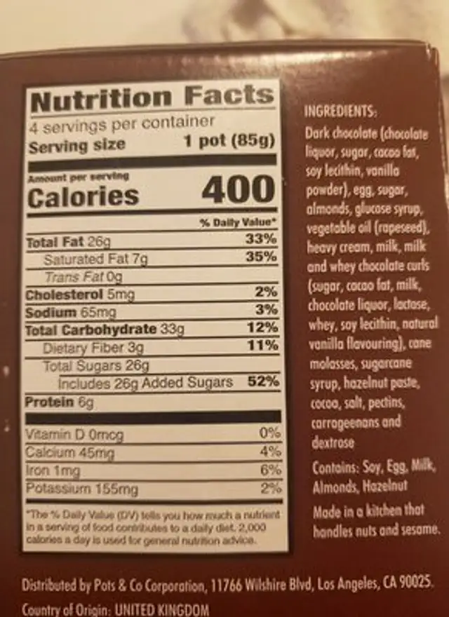 Pots flourless chocolate brownie ingredients label