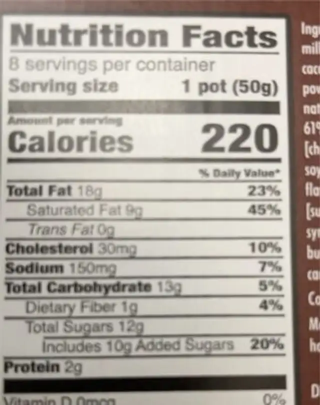 Pot de Creme nutrition facts table