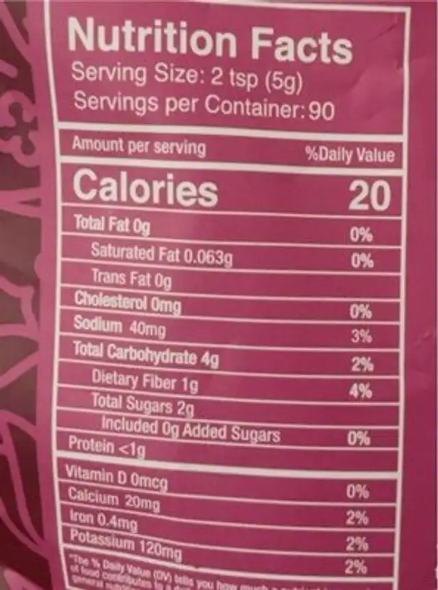 Beet Root Powder nutrition facts table