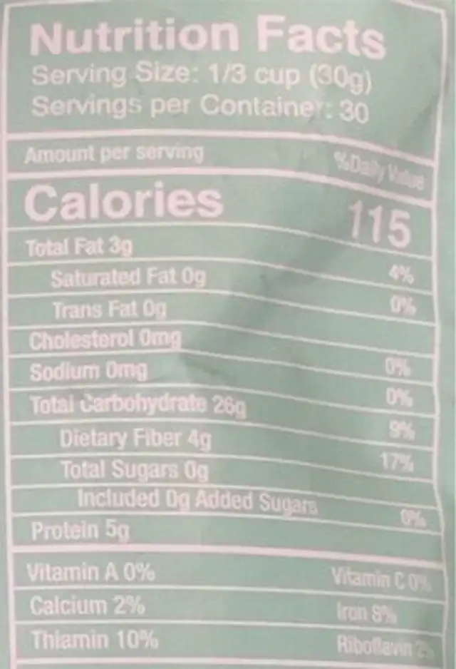 Organic Oat Flour nutrition facts table