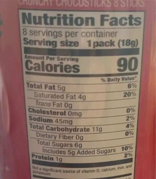 Choco sticks nutrition facts table