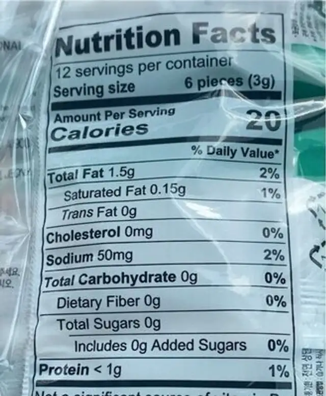 Roasted seasoned seaweed snack traditional nutrition facts table