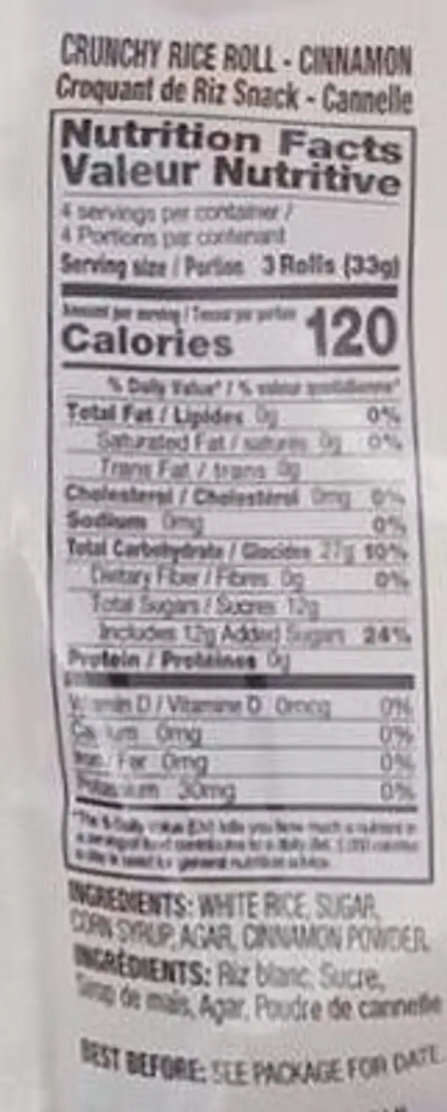 Crunchy rice roll nutrition facts table